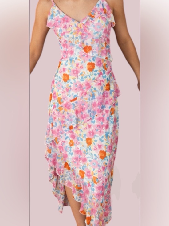 Dresses & Skirts - No Comment Floral Mesh Midi Dress Asymmetrical Hem Ruffle Size L